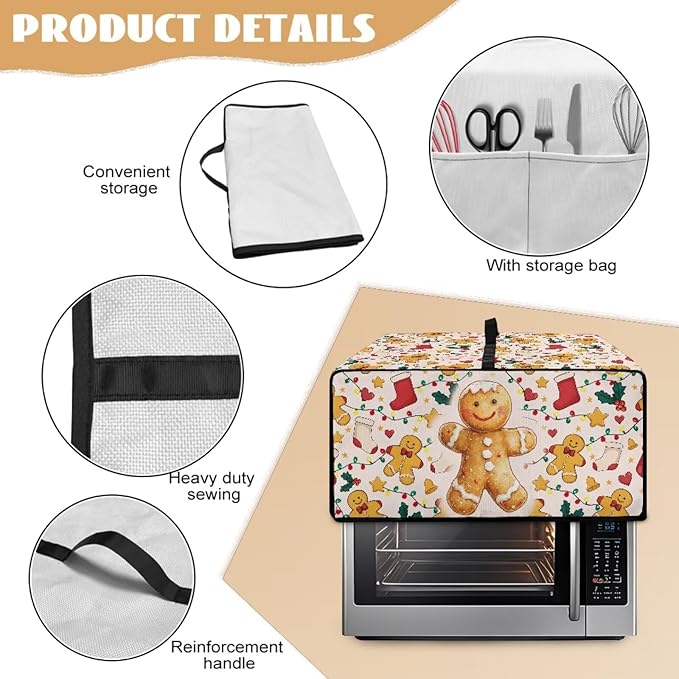 Countertop Convection Oven Cover Dust-Proof Toaster Oven Cover with Accessories Pockets, Countertop Convection Oven Protector, M, Gingerbread Man Christmas String Lights