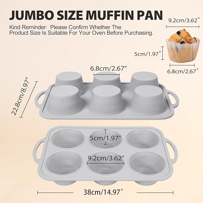 3Pcs Silicone Muffin Pan 6, 12 and 24 Cup with Metal Frame, Non Stick Jumbo Cupcake Pan with Handles, BPA Free Silicon Mini Muffin Tin Regular Tray For Baking,Egg Bites,Mold Light Grey