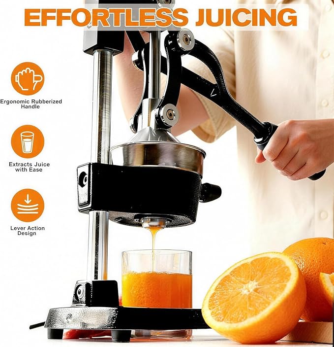 Cast Iron Citrus Juicer - 13.8LB Heavy Duty Manual Orange Press, 304 Stainless Steel Cup & Strainer, Professional Lemon Grapefruit Pomegranate Squeezer for Home Bar Kitchen, Black