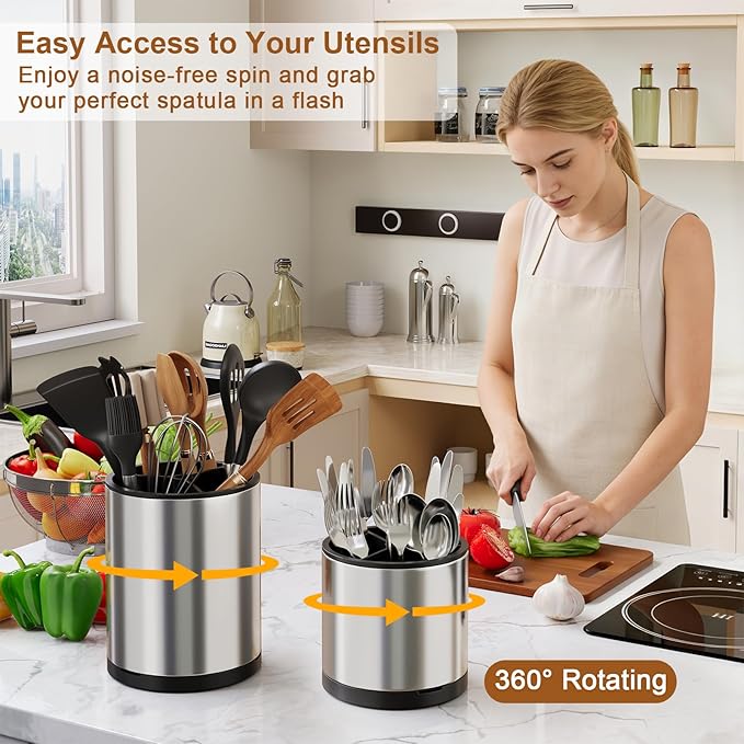 Extra Large Utensil Holder for Kitchen Counter, 360°Rotating Cooking Utensils Holder for Countertop, Stainless Steel Utensil Crock for Spatula,Spoon, 3 Compartment Metal Silverware Crocks for Flatware