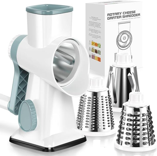 Cheese Grater Hand Crank Rotating Cheese Shredder Stainless Steel Vegetable Slicer Grater for Kitchen 3 Blades for Cheese, Carrot, Cucumber, Nuts, Chocolate, White