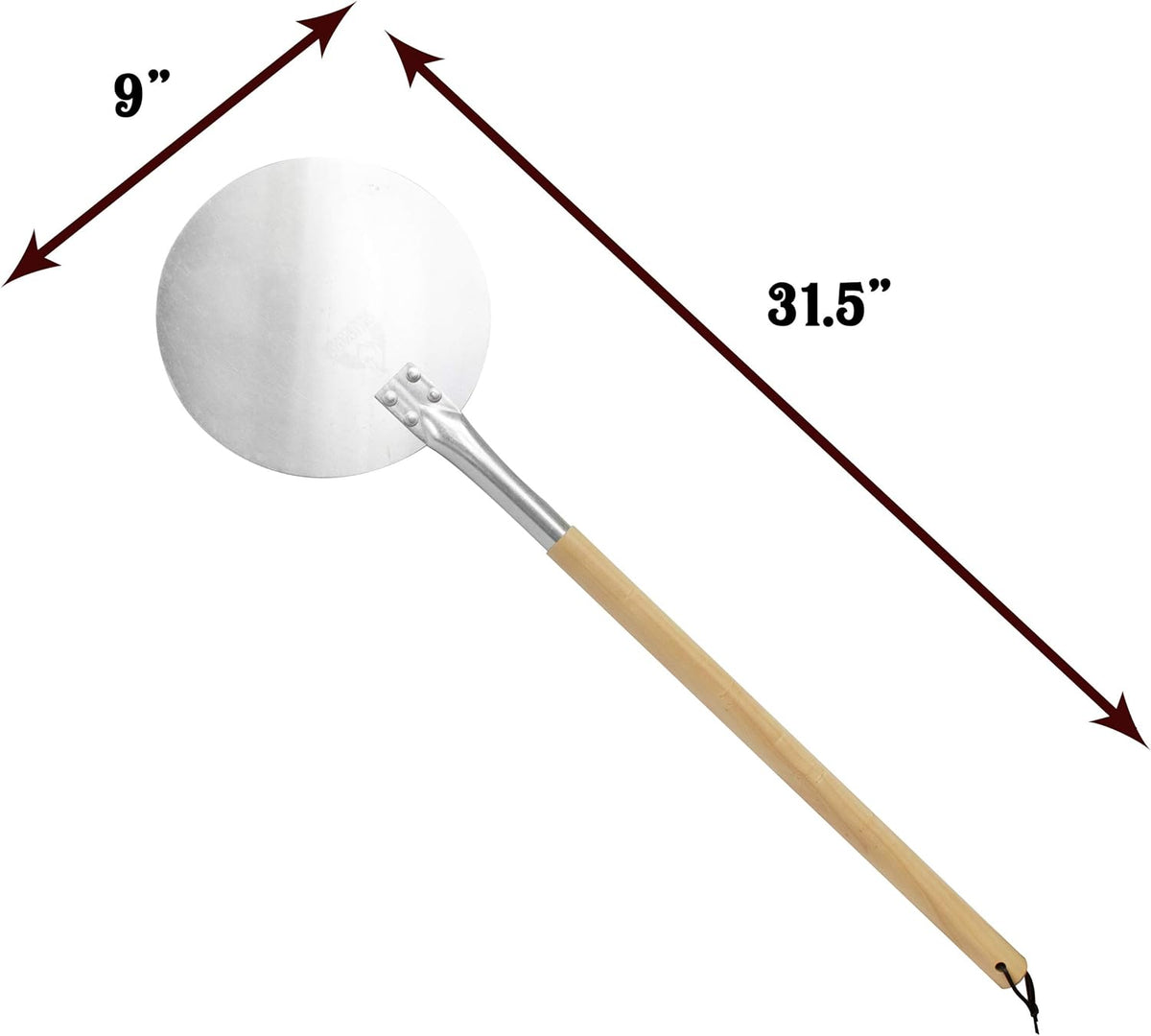 Chicago Brick Oven Pizza Turning Peel PRO - 9" Diameter- 31.5" Detachable Wooden Handle with Leather Strap, Premium Hard Aluminum, Perfect for Professional & Home Use, Ideal Bakeware, Oven Accessory