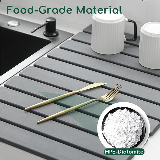 Stone Drying Mat for Kitchen Counter, DarkGray 24"×16" Collapsible Fast Drying Dish Mats, Diatomaceous Earth Water Absorbing Mat for Dishes Bottles Cups