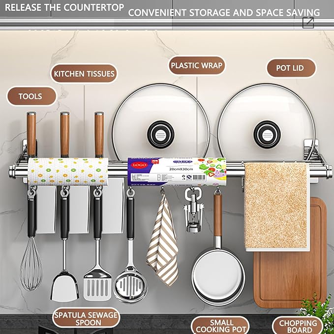 Hanging Wall Mount knife Wall Mount, Kitchen Organizer Storage Shelf for Utensils Spatula Spoon, Space-Saving Knife Rack with Hooks,Wall-Mounted Utensil Holder (Silver, 40CM+Single Pole+6Hooks)
