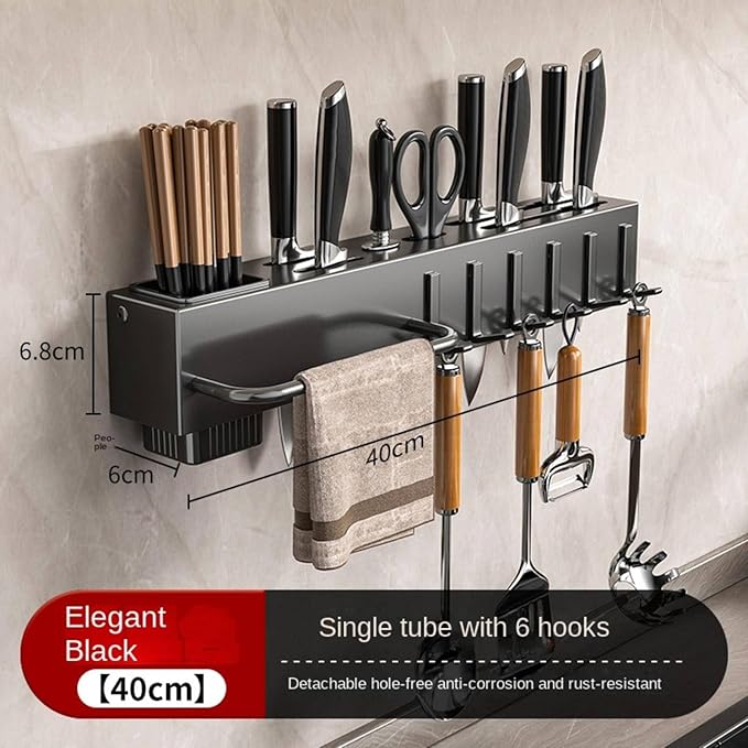 New Multi-Functional Kitchen Rack Home Wall-Mounted Knives Chopstick and Spoon Storage Rack Punch-Free cookware draining Rack, 50, Black