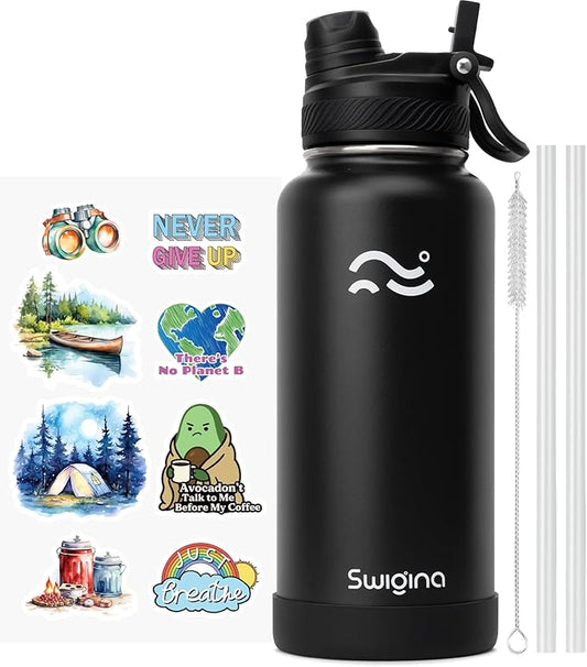 Swigina [2-IN-1 LID] Insulated Water Bottle with Silicone Boot (36hrs Cold/18hrs Hot) - DIY Stickers, Leakproof, BPA Free, 32 oz