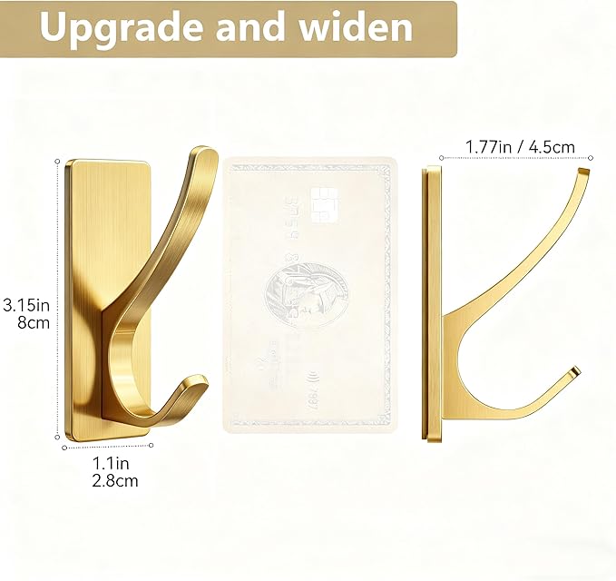 10 Pack Brushed Gold Self Adhesive Coat Hooks for Hanging: 13LB Extra Strong Stainless Double Wall Hook for Towel, Backpack, Hat, Sturdy Metal Hanger for Bathroom, Bedroom, Door, Wall Mounted