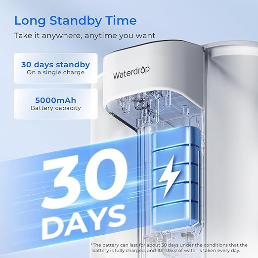 Waterdrop Rechargeable Water Filter Pitcher, Reduce 99.6% of Lead and 45+ Impurities, 1-Year Electric Water Dispenser, Instant 15-Cup Countertop System, NSF/ANSI 401&53&42&372, NOT Reduce TDS
