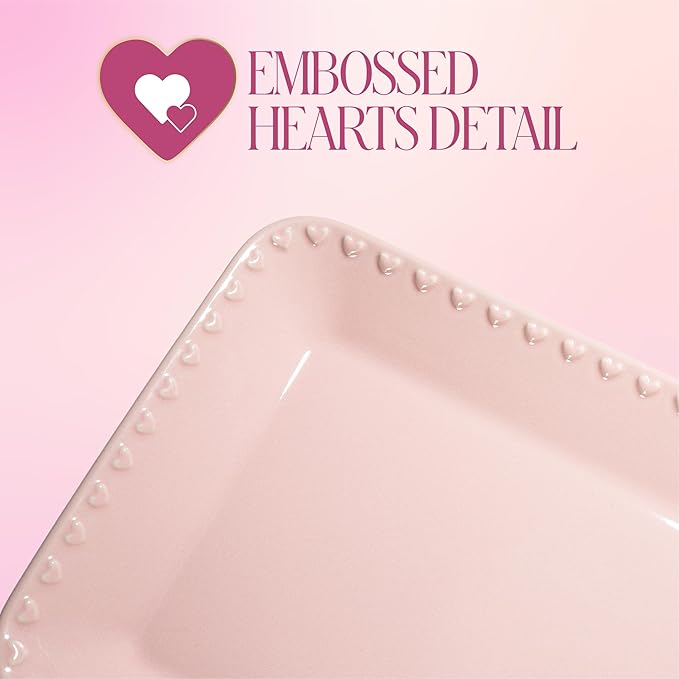 Paris Hilton Rectangle Ceramic Stoneware Serving Platter Tray, Embossed Hearts, Microwave Safe, 15x8-Inch, Pink