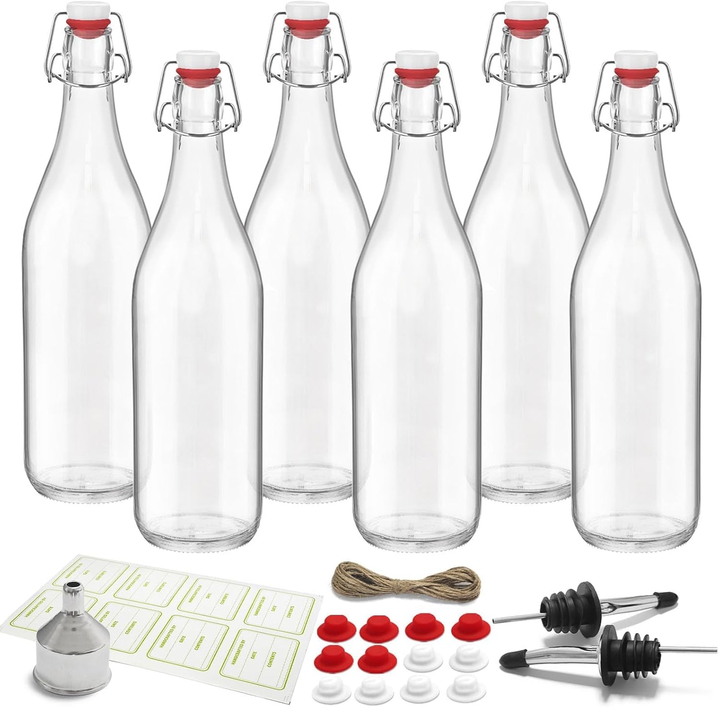 6 Pack [0.48 Liter / 16 fl. oz.] Swing Top Glass Bottles – Airtight Flip Top Brewing Bottles for Kombucha, Beer, Wine, Kefir, Soda, Liquor – Includes Funnel, 2 Pourers, 6 Seals, 8 Labels & Jute Twine
