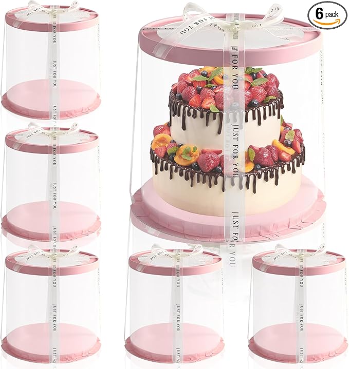 JCD 6Pcs 8.5 * 9.5inch Round clear cake boxes with Ribbon,Ideal for 7inch and 6inch Tall Layer Tiered Cakes,Multi-Layer cake boxes for Christmas Bakery Treat (Pink, Round 8.5inch/6pcs)