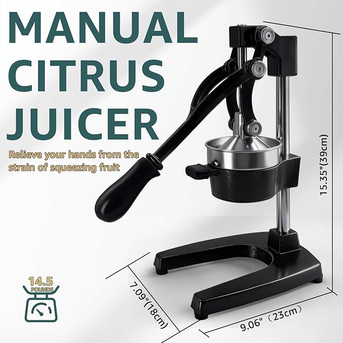 Commercial Heavy Duty Manual Citrus Juicer Press - Professional Cast Iron Hand Orange Squeezer with 304 Stainless Steel Strainer & Cup - Fruit Extractor for Pomegranate, Lemon, Lime - Black
