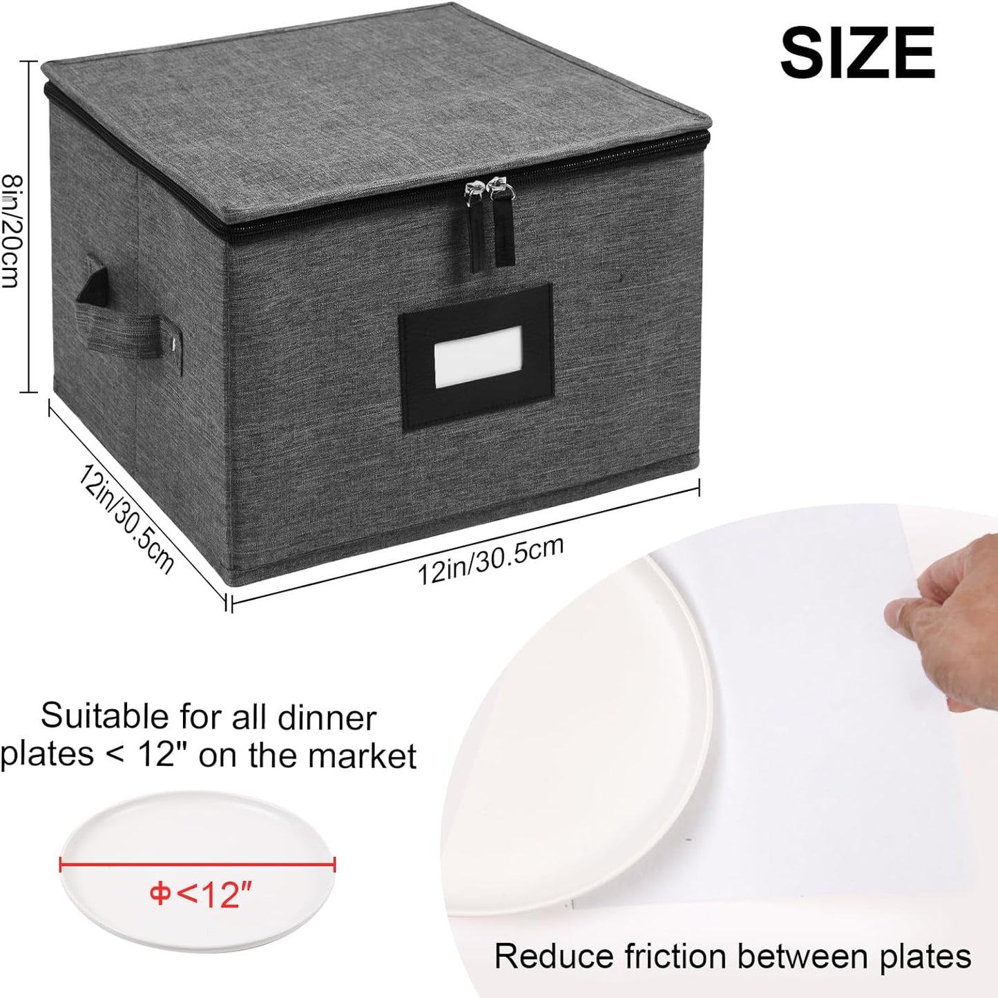 Mayniu China Storage Containers Hard Shell, 12" Plate Storage Containers for Dishes, Stackable Dinnerware Storage with 24 Felt Dividers (2 Pack Black)