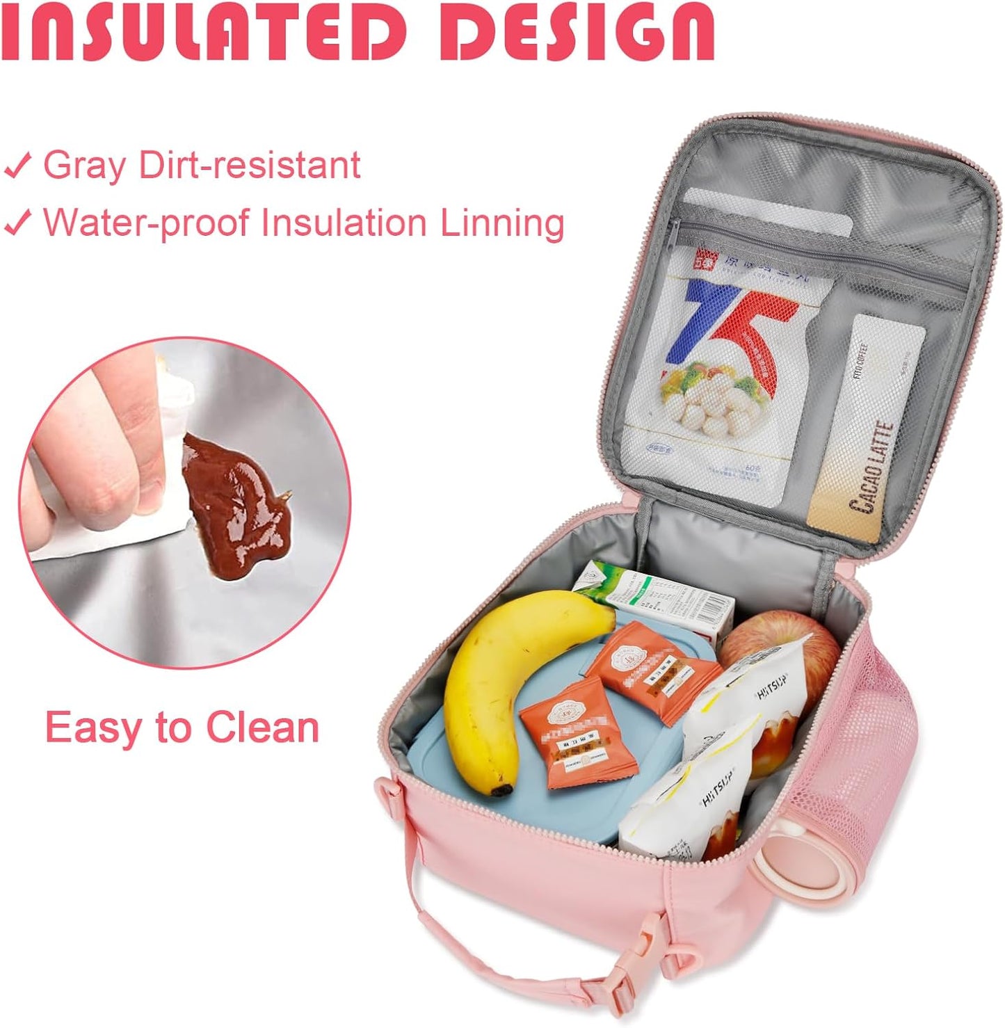 Initial Insulated Lunch Bag for Girls Kids, Back to School Gift, Reusable Leak-proof Lunch Box with Adjustable Strap for School Daycare Travel Picnic (Pink,N)