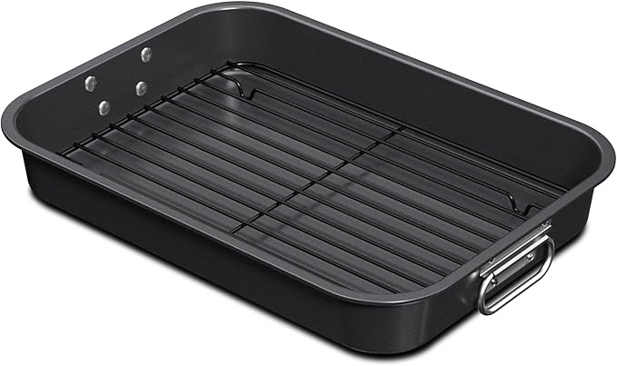CHEFMADE Roasting Pan with Rack, 15 Inch Deep Roasting Pan, Deep Lasagna Pan for BBQ Vegetbale and Meat 15.4" x 11.2" x 2.3" (Black)