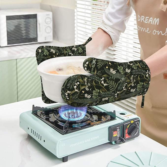 Botanical Oven Mitts and Pot Holders Sets Silicone White Flowers Berries and Leaves Kitchen Oven Mitts Hot Pads Heat Resistant Potholders Kitchen Mitts Set for Baking BBQ Cooking