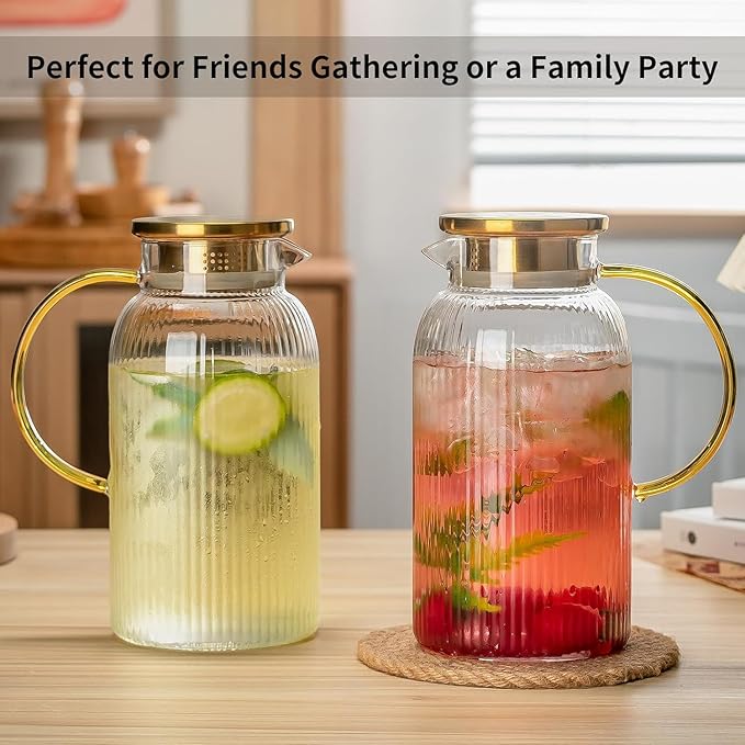 Buaic Glass Pitcher with Lid, 68 oz/2 Liter Classic Vertical Stripes Water Pitcher,Glass Water Carafe for Cold Brew, Coffee, Lemonade, Iced Sun Tea,Beverage,Milk, Heat Resistant