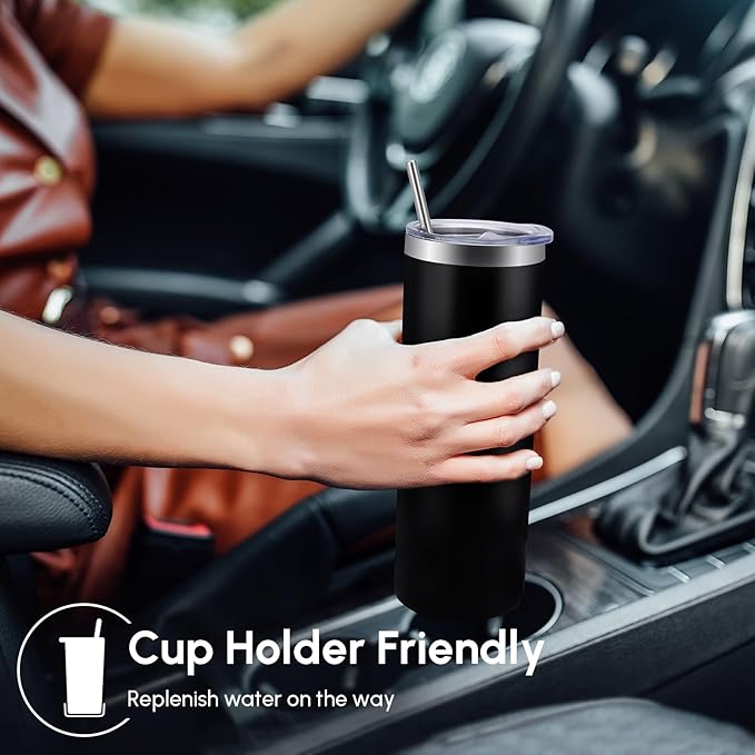 Volhoply 20 oz Skinny Tumbler with Lid and Straw, Stainless Steel Straight Tumblers Cup, Vacuum Insulated Coffee Mug for Home, Office, Travel, DIY (Black,1 Pack)