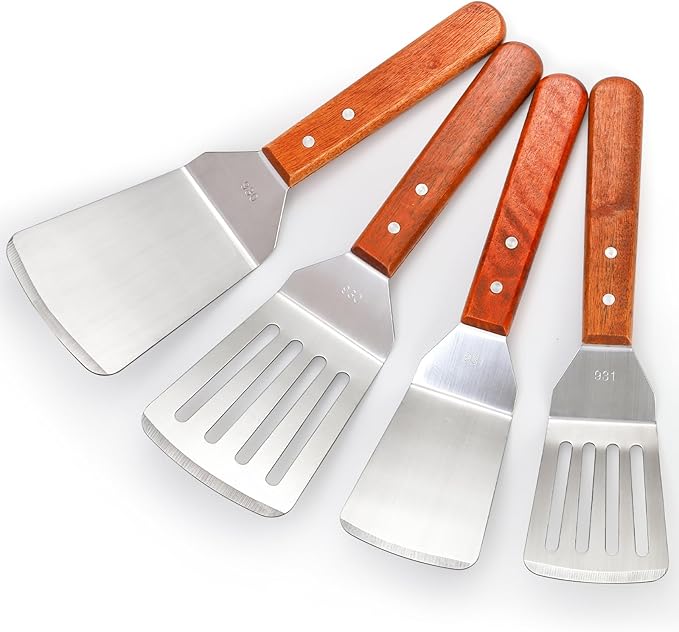 4 Pack Stainless Steel Spatula Set, 2 Sizes Metal Spatulas for Kitchen Use, Hevy Duty Solid & Slotted Turner with Wooden Handle, Flat Top Grill Spatula for Egg, Hamburger, Fish, Cooking, BBQ