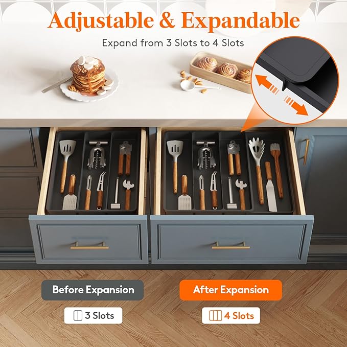 Lifewit Utensil Organizer for Kitchen Drawer, Expandable Cooking Silverware Tray, Adjustable Cutlery Flatware Holder, Plastic Spatula Tools Storage Divider, 17.3 x 15.8", Black
