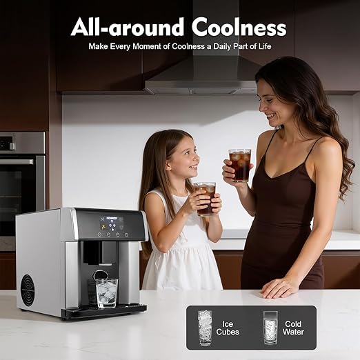 2-in-1 Countertop Ice Maker & Cold Water Dispenser, Compact Ice Machine w/Water-Adding Cup & Scoop, Self Dispensing Nugget Ice Maker Countertop for Kitchen Bar Party, Water Tank Capacity 1.8L