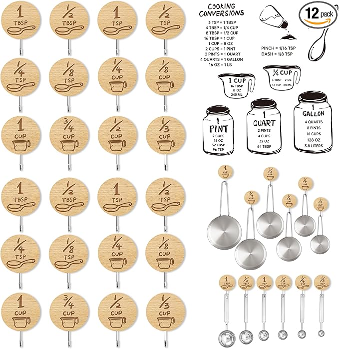 Measuring Cup and Spoon Organizer, 24 Pack Adhesive Wood Hooks for Hanging with 12 Kitchen Conversion Chart Stickers, Kitchen Hooks for Space Saving Storage