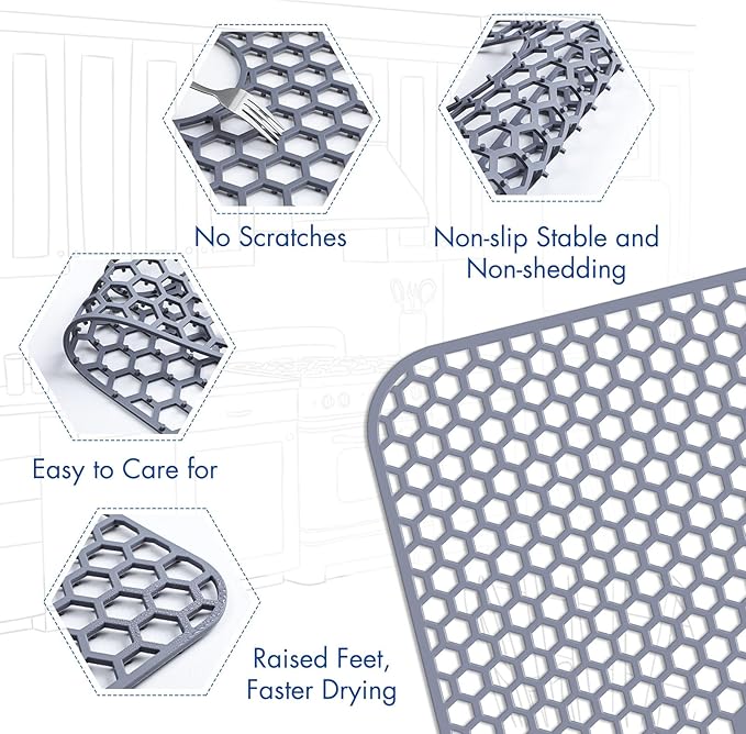 Bestjing Silicone Sink Protectors for Kitchen Sink with Center Drain - 29.7"x 15.5" Kitchen Protector Accessory, Non-Slip Heat Resistan Mat for Bottom of Farmhouse Stainless Steel Porcelain (Gray)