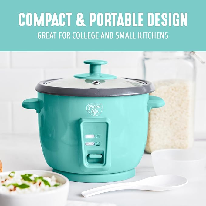 GreenLife Rice Cooker with Removable PFAS-Free Ceramic Nonstick Pot, 3-Cups Uncooked/6-Cups Cooked, Grains & Oatmeal Multicooker, Compact One-Switch Design, Auto Keep Warm, Easy Clean, Turquoise