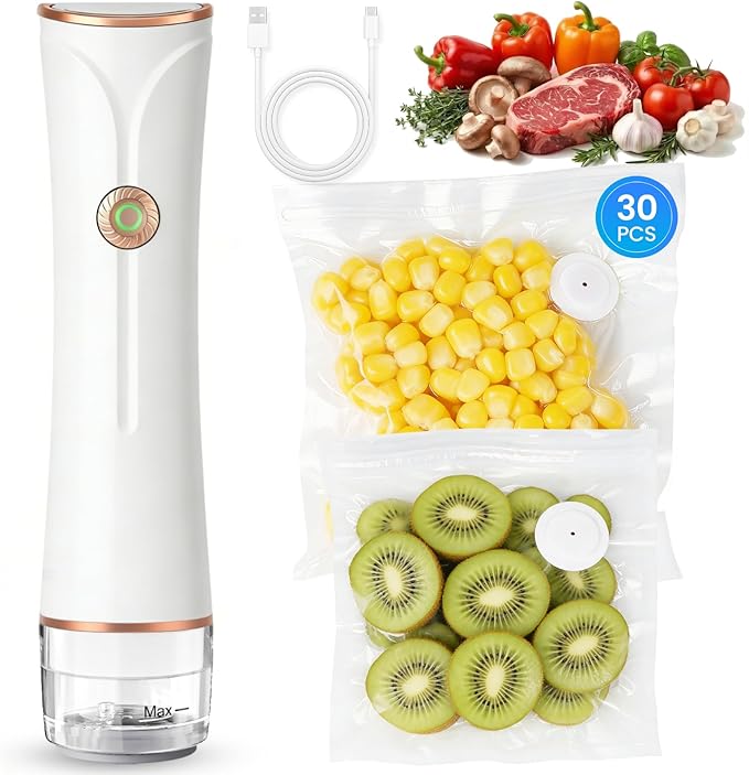 Compact Vacuum Sealer for Food with Visible Tank, Handheld Vacuum Sealer Machine, Includes 30 Reusable Bags, Seal Food 6X Fresh Longer, Wireless & Portable, Suitable for Kitchen and Travel, White