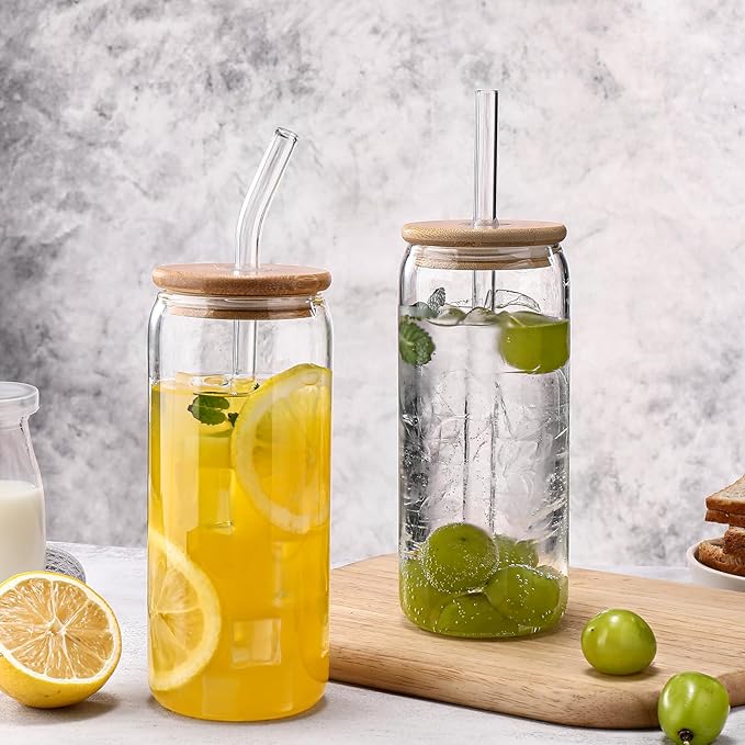 DWTS DANWEITESI Glass Cups “20oz”,Glass Cups with Lids and Straws 4 pcs-Coffee Cups,Drinking Glasses Set,Glass Tumbler with Straw and Lid Gift 2 Cleaning Brushes