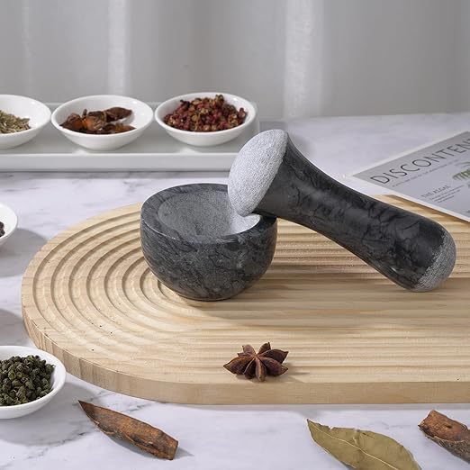 Tianman Small Mortar and Pestle Set 3.2 Inch.1/3 Cup.Mini Marble Grinder with Brush for Pills Herbs Spices,Easy to Grip.Efficient Grinding.Universal Dual Head Grinding Pestle.(Marble Black)