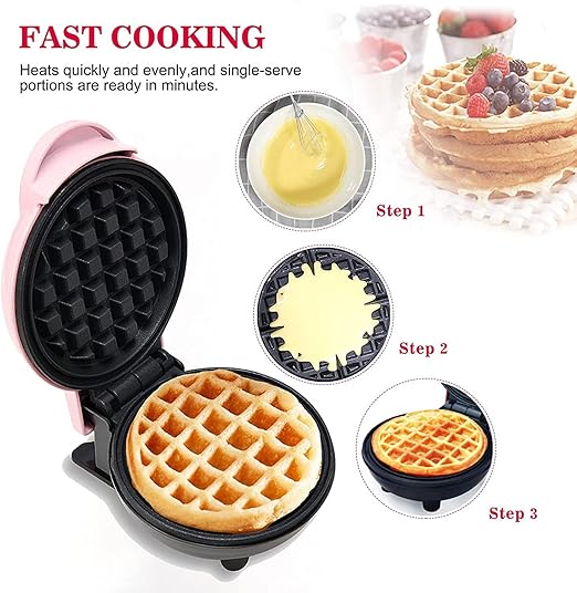 Mini Maker Waffle Maker 5“ Non-Stick Waffler Iron Stuffler Stuffed Wafflera Adjustable Browning Control, Heart, Azure