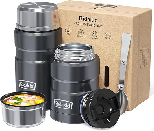 Insulated Food Jar Set – 25.4oz & 17oz Stainless Steel Containers with Folding Spoon and Carrying Bags – Leak-Proof, Keeps Food Hot or Cold for up to 12 Hours – Ideal for Work, School, Travel