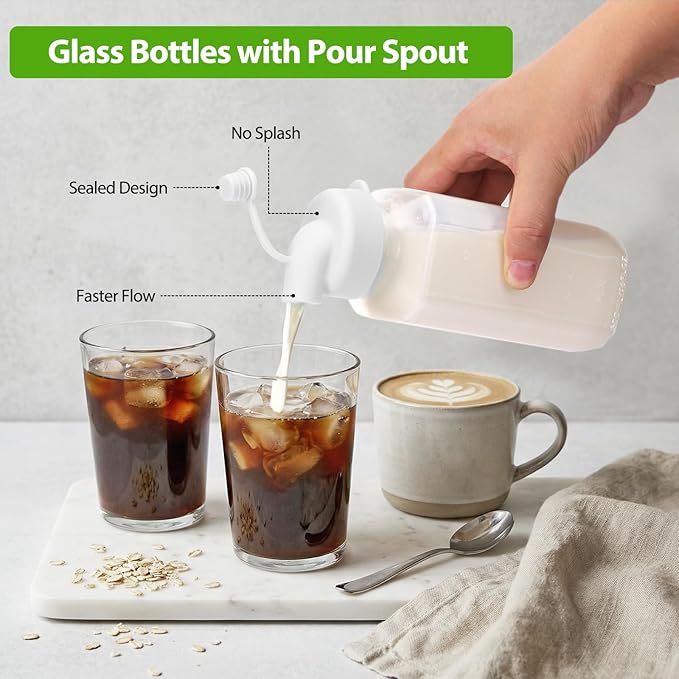 CUCUMI Glass Juice Bottles with Lids, 3 Pack Clear Glass Water Bottles with 1 Pour Spouts, 16 Oz Reusable Milk Jug with Airtight Caps and Scale for Juicing Containers