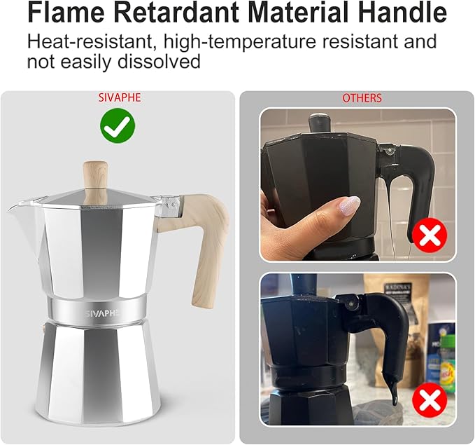 Sivaphe Aluminum Moka Pot 9 Espresso Cups, Percolator Espresso and Coffee Maker, Portable Stovetop Italian and Cuban Café Brewer for Home and Camping Sliver