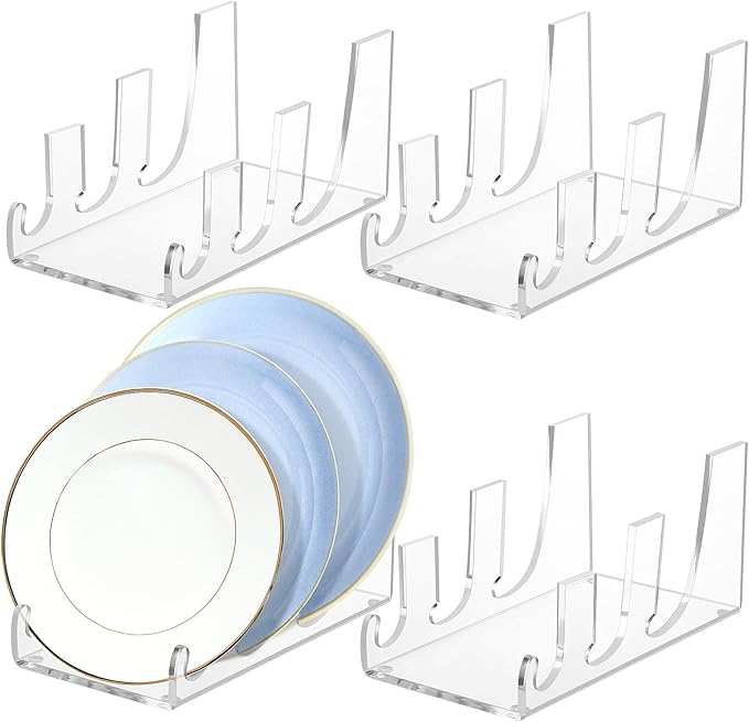 4 Pcs Acrylic 3-Tier Plate Display Stand,Clear Dinnerware Holder for China Platters Kitchen & Cabinet Organizer Rack for Tableware Display (3-Tier)
