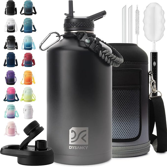 DYSANKY 1 Gallon Water Bottle Insulated | Thickened Stainless Steel Vacuum Metal Water Jug | Portable Sports Large for Gym and Hiking with Straw, Carrier Bag, Handle Strap | BPA-Free 128 oz