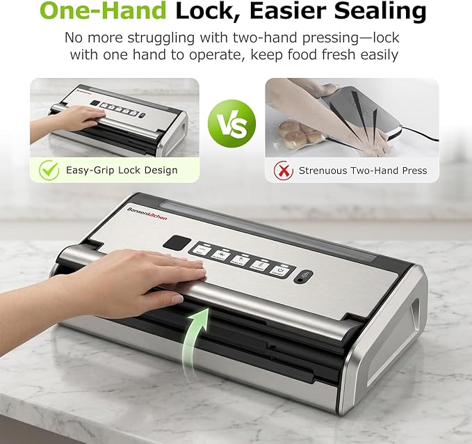 Bonsenkitchen Vacuum Sealer for Food, One-Hand Operation Food Vacuum Sealer Machine with Digital Timer, 0.2-inch Wider Seal, Built-in Cutter and Bag Storage for Meal Prep, 1 Roll Bag & 10 Pre-Cut Bags