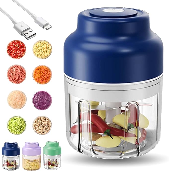 Household Electric Garlic Crusher, Electric Garlic Chopper, Mini Portable Veggie Chopper with 4/6 Stainless Steel Blades, Wireless Rechargeable Food Cutter for Garlic, Onion, Chili (Blue,250ML)