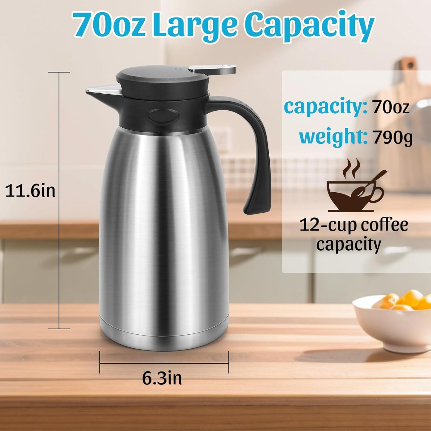 Yummy Sam 70oz Thermal Coffee Carafe, Double Wall Vacuum for Hot Drinks, Stainless Steel Carafe for Hot Liquids Large Tea for Home School Office for Valentine's Day (Classic Silver)