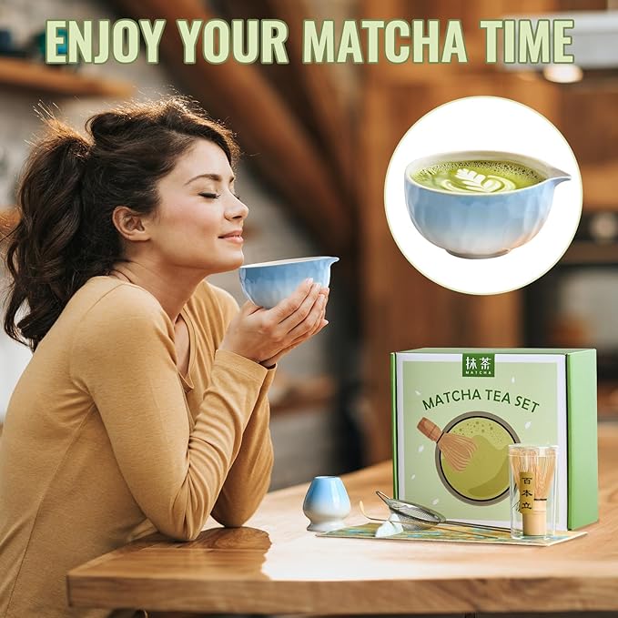Matcha Whisk Set 7 Pcs Matcha Sets Blue, matcha Kit with Bowl, Whisk and Holder, Bamboo Scoop, Scoop Rest, Sifter & Tea Towel, Tea Gifts for Matche Lovers Making Breakfast Latte