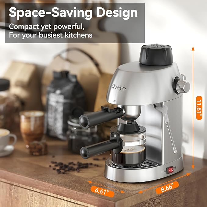 Queyd 3.5 Bar 4 Cup Espresso Cappuccino Machine, Stainless Steel Espresso Machine, Compact Expresso Machines for Home, Latte and Cappuccino Machine with Milk Frother, Dual Safety Switches, 800W