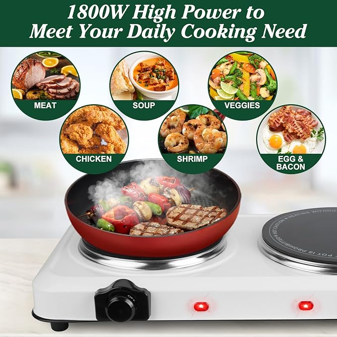 Electric Countertop Double Burner, 1800W Cooktop with Glass Hot Plate, Stepless Temperature Control, Easy to Clean, Indicator Lights, Compatible Cooking Stove for Office Home Camping RV