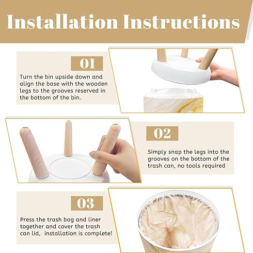 Trash Can with Lid Marble wall white brown ink swirl yellow green graphic abstract light Press Top Round Small Garbage Bin with Wooden Legs Waste Basket for Kitchen Bedroom Nursery 7L/1.8 Gallon