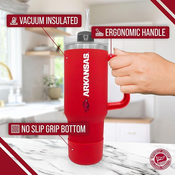 Campus Colors College & University 40 oz Travel Tumbler With Handle - Dual Option Lid With Straw - Vacuum Insulated Stainless Steel (Arkansas Razorbacks - Cardinal)