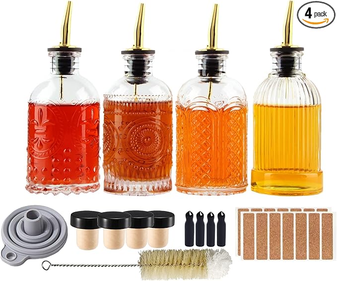 Shining Craft Syrup Dispenser Bottles Set, 4 Pack 7 OZ Bottles With Metal Pour Spout and Labels for Syrups, SC055 (4 Pack)