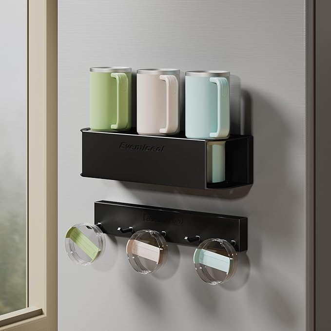 Magnetic Cup Holder for Fridge for 20/30/40 oz Stanley Tumblers Water Bottle Storage Holders & Lid Hook Organizers (3 Cups, 5 Hooks)