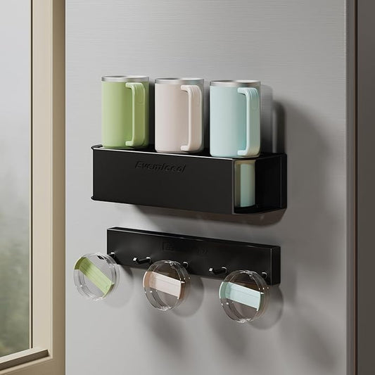 Magnetic Cup Holder for Fridge for 20/30/40 oz Stanley Tumblers Water Bottle Storage Holders & Lid Hook Organizers (3 Cups, 5 Hooks)