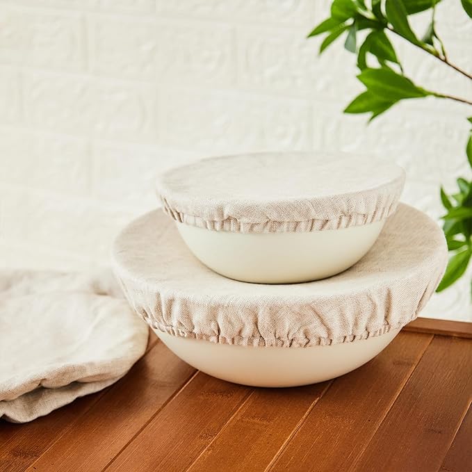 100% Pure Linen Bowl Covers For Bread Proofing, 2 Pcs 12 Inches Elastic Reusable Solid Color Cloth Fabric Bowl Covers,XL Organic Washable Large Stretch Sourdough Lids, Linen
