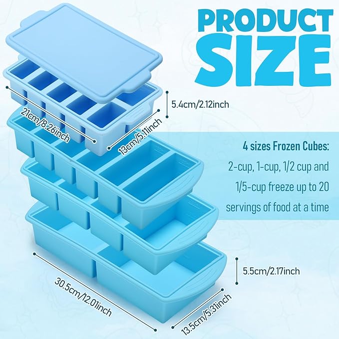 4 Pack Silicone Freezer Trays with Lid, 1/5, 1/2, 1, and 2 Cup Soup Freezer Molds Set Stainless Steel Frame Ice Cube Tray for Meal Prep Freezing Soup Stews Sauces Oven Microwave Safe(Blue)